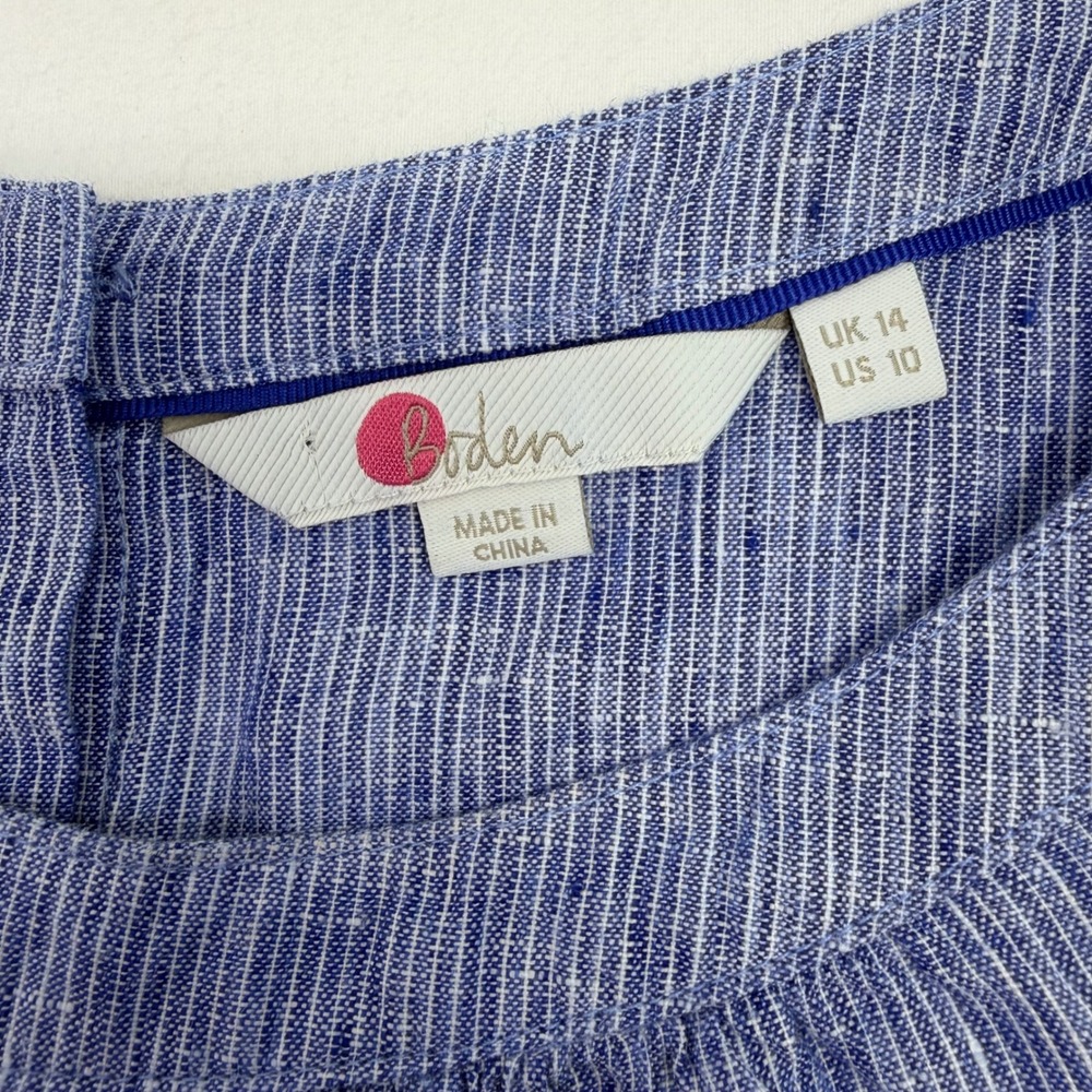 Boden Linen Blouse Womens 10 Blue White Striped Button Back Coastal Preppy - Picture 5 of 11